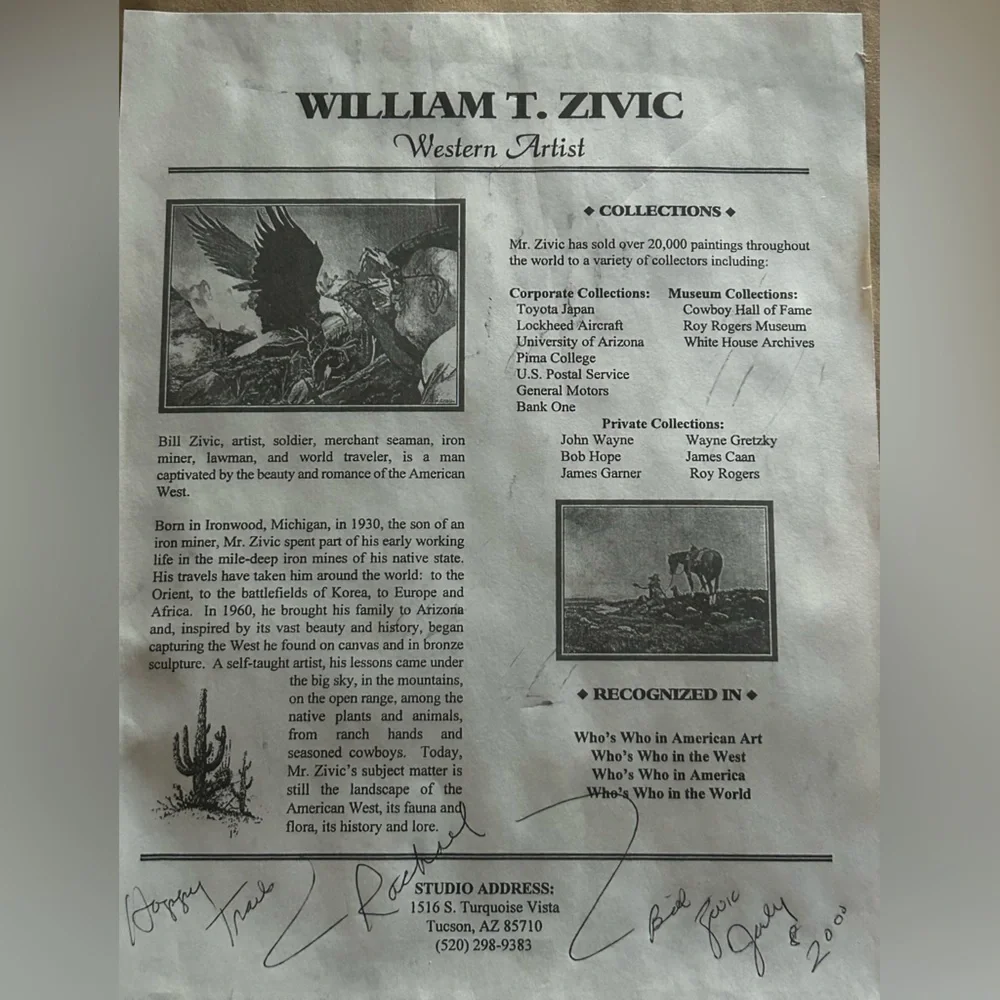 William T Zivic Western Artist Numbered Print 4/30 Signed On Back-Framed